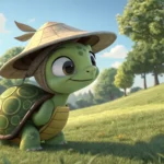 A cute cartoon turtle wearing a Korean gat hat lags behind on a path, symbolizing the Korean phrase...