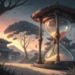 A dramatic illustration of a traditional Korean hourglass with glowing sand, symbolizing a time loop...