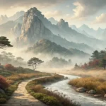 Illustration of mysterious Korean mountains with a hiking path and a hidden glint, representing aski...