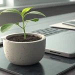 A seedling in a pot on a desk overlooking Seoul, symbolizing learning the Korean term for unlisted s...