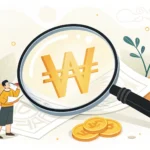 Magnifying glass inspecting a Korean Won symbol, illustrating the concept of examining value for lea...
