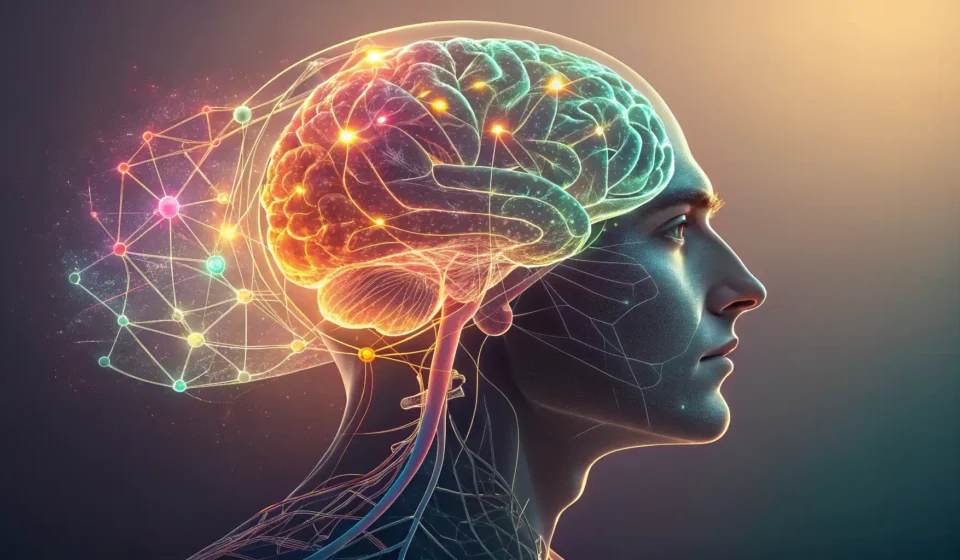 Stylized illustration of a human brain with fading neural pathways, set against a background with su...