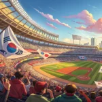 Excited crowd cheering at a sunlit Korean sports stadium during a game, representing the lively atmo...