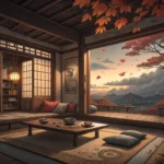 A child's jacket hangs inside near a window showing a windy Korean evening, symbolizing preparing a...