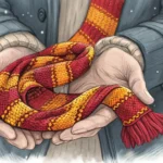 Illustration of adult hands offering a colorful knitted scarf against a blurred background depicting...