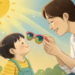 Illustration of a Korean parent offering sunglasses to a child on a sunny day, representing learning...