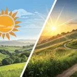 Split graphic illustrating weather concepts for Korean learning: sunny icon on blue sky (left) and r...