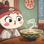 Whimsical illustration for Korean learning: A cute character in Korean folk art style looks puzzled...