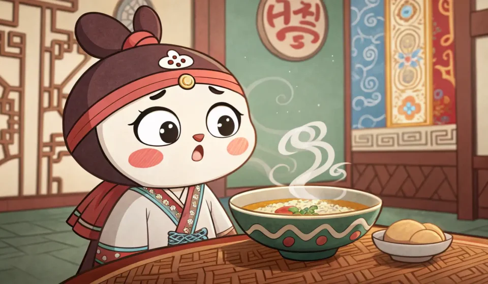 Whimsical illustration for Korean learning: A cute character in Korean folk art style looks puzzled...
