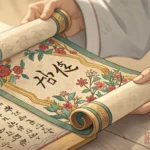 Hands holding a traditional Korean scroll, symbolizing important documents like a will, alongside a...