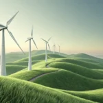 Illustration of wind turbines on green Korean coastal hills, symbolizing learning Korean terms for r...