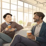 Two colleagues chatting over coffee during a work break, representing learning Korean phrases for di...