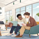 Two colleagues in a modern Korean office break room discuss a work schedule shown on a tablet during...