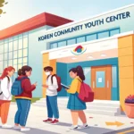 Illustration of diverse Korean teenagers standing outside a modern, welcoming youth community center...