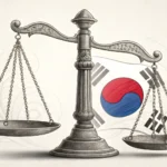 Stylized scales of justice incorporating the Korean Taegeuk symbol, representing questions about the...