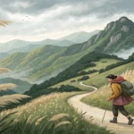 A hiker interacts with a camper beside a tent and lightweight stove on a windy Korean mountain path,...
