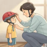 A Korean parent carefully places a bicycle helmet on their young child's head next to a bike in a pa...