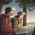 A couple equipped for spelunking debates which of two cave entrances to explore, representing a Kore...