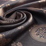 Close-up of dark, patterned Korean silk fabric with shadows, symbolizing concealment for a Korean la...
