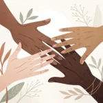 Minimalist graphic showing diverse hands reaching together against a subtle Korean pattern backgroun...