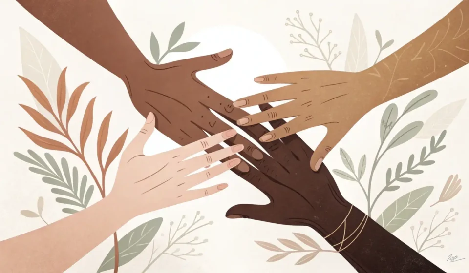 Minimalist graphic showing diverse hands reaching together against a subtle Korean pattern backgroun...