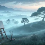 Misty Korean landscape with an easel; colors on canvas blend into the mist, guided by a ghostly hand...