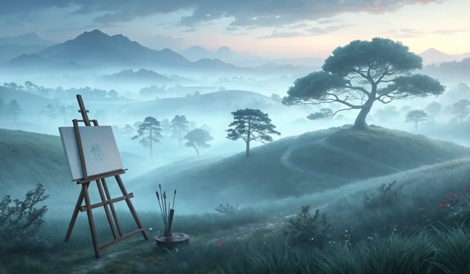 Misty Korean landscape with an easel; colors on canvas blend into the mist, guided by a ghostly hand...