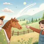 Two friends at a Korean ranch, one enthusiastically encouraging the other hesitant friend to try hor...