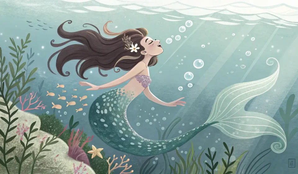 Illustration of a singing mermaid charming a large whale underwater, representing learning descripti...