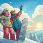 Illustration of a couple in snowboard attire debating which snowy trail to take at a Korean ski reso...