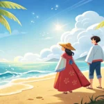 Illustration of a breezy Korean beach with windsurfers, symbolizing a Korean language lesson about s...