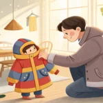 Parent holding a child's winter coat near a window showing a snowy day, illustrating a Korean lesson...