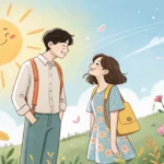 Illustration of a Korean couple deciding between two zoo options symbolized by animal signs on a sun...