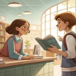 Illustration showing a student interacting with a librarian in a modern Korean library, symbolizing...