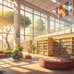 Illustration of a modern Korean library setting with bookshelves and a counter, symbolizing the proc...