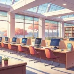 Interior view of a modern Korean library featuring computer terminals for accessing digital archives...
