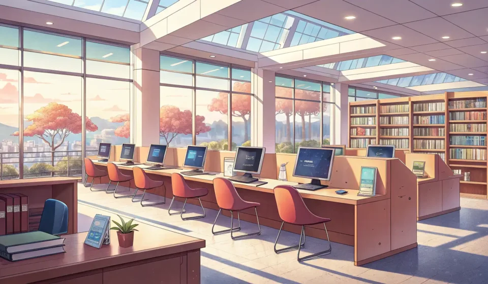 Interior view of a modern Korean library featuring computer terminals for accessing digital archives...