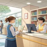 A person receiving a library membership card from a smiling librarian at a counter inside a modern K...