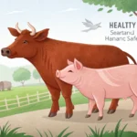 Illustration of a Korean cow and pig protected by a shield, representing the concept of Korean lives...
