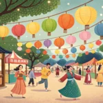 A lively Korean community festival scene with colorful lanterns, food stalls, and people enjoying ac...