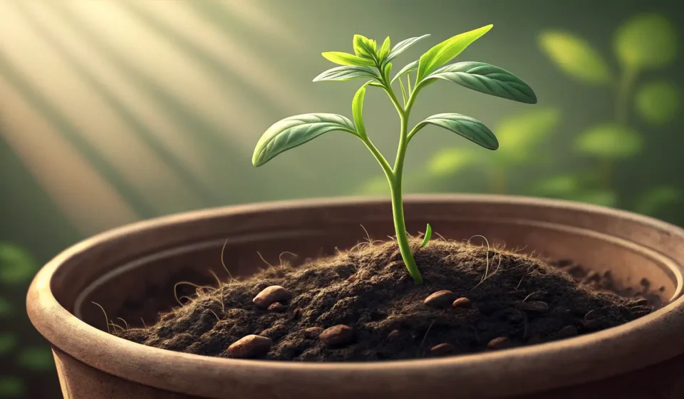 A seedling growing into a plant in a Korean pot, symbolizing the concept of long-term investment gro...