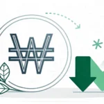 Stylized Korean Won symbol next to a green downward arrow representing low interest rates in Korea,...