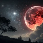Stylized image of a lunar eclipse over a Korean landscape, symbolizing learning Korean vocabulary re...
