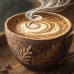 A steaming latte with subtle magical swirl latte art in a ceramic mug, hinting at a Korean cafe sett...