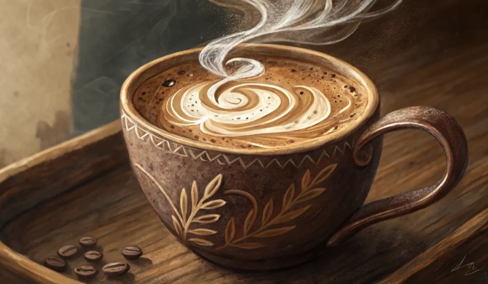 A steaming latte with subtle magical swirl latte art in a ceramic mug, hinting at a Korean cafe sett...
