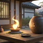 A glowing magical flame floats next to a traditional Korean earthenware pot, symbolizing a fantastic...