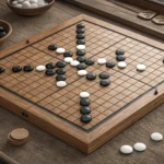 A close-up of a Korean Baduk (Go) board showing a complex and tense game, symbolizing strategic corp...