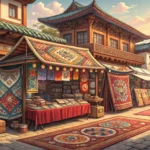A friendly Korean vendor in a traditional market stall displays a colorful handmade rug.