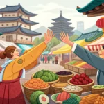 A customer and vendor interacting over goods in a bustling Korean traditional market, visually repre...