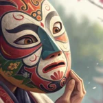 Close-up of a colorful, handmade traditional Korean mask, emphasizing the painted details, symbolizi...